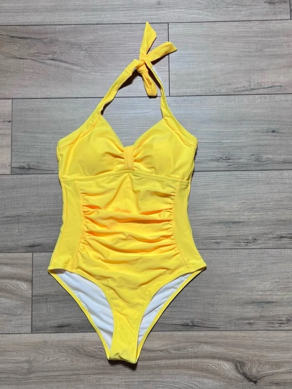 Bellecarrie Women's One Piece Halter Ruched Swimsuit Size Small Yellow